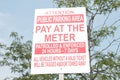 attention public parking area pay at the meter patrolled and enforced 24 hours Royalty Free Stock Photo