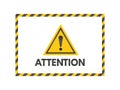 Attention sign with black and yellow ribbons. Exclamation mark isolated on white background. Pay attention banner