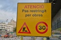 04.08.2023. Barcelona, Spain, attention sign outside the Barcelona Sants train station