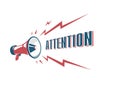 Attention sign with retro megaphone. Vector vintage megaphone isolated on the white background. Royalty Free Stock Photo