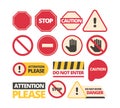 Attention signs. Stop walking and of route dont disturb help signals vector admittance signboards collection Royalty Free Stock Photo