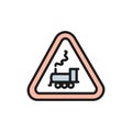 Attention train sign, railway traffic flat color line icon.