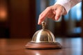 Attention travel help desk counter hand bell hotel reception call service ring Royalty Free Stock Photo