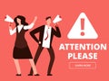 Attention vector banner or web page template with cartoon man and woman with megaphones