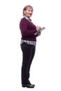 Attentive adult woman signing a document. isolated on a white