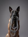 An attentive Belgian Malinois holds a rope in its mouth