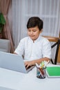 Attentive boy using a laptop while sitting at desk Royalty Free Stock Photo