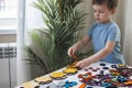 Attentive cute baby boy learning geometric figure shapes playing multicolored wooden construction Royalty Free Stock Photo