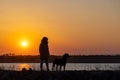 A girl walks with a friend - a guard dog of the Rottweiler breed against the backdrop of a lake and sunset Royalty Free Stock Photo