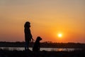 A girl walks with a friend - a guard dog of the Rottweiler breed against the backdrop of a lake and sunset Royalty Free Stock Photo