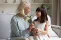 Attentive little girl greeting excited grandparent presenting flowers Royalty Free Stock Photo