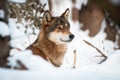 Attentive wolf looking in winter environment in close-up Royalty Free Stock Photo