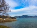 Panoramic view of the Attersee in the morning. Upper Austria