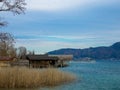 Panoramic view of the Attersee in the morning. Upper Austria