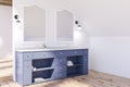 Attic bathroom corner, blue double sink Royalty Free Stock Photo