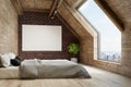 Attic bedroom, gray bedding, poster