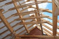 Attic Construction. Roofing Attic Construction Indoor. Wooden Roof Frame House Construction. Royalty Free Stock Photo