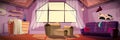 Attic dirty room background banner in flat cartoon design. Apartment interior poster with big window, old sofa and dusty cardboard Royalty Free Stock Photo