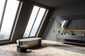 Attic gray bathroom corner with tub and sink Royalty Free Stock Photo