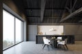 Attic gray kitchen with countertops and table Royalty Free Stock Photo