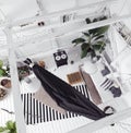 Attic interior design idea with hammock, scandinavian boho style