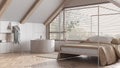 Attic interior design, minimal bleached wooden bedroom and bathroom with canopy bed and panoramic window in white tones. Bathtub Royalty Free Stock Photo