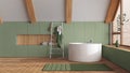Attic interior design, minimal wooden bathroom with round bathtub and panoramic window in white and green tones. Towels and decors Royalty Free Stock Photo