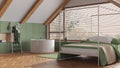 Attic interior design, minimal wooden bedroom and bathroom with canopy bed and panoramic window in green and white tones. Bathtub Royalty Free Stock Photo