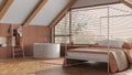 Attic interior design, minimal wooden bedroom and bathroom with canopy bed and panoramic window in orange and white tones. Bathtub Royalty Free Stock Photo