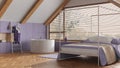 Attic interior design, minimal wooden bedroom and bathroom with canopy bed and panoramic window in purple and white tones. Bathtub Royalty Free Stock Photo