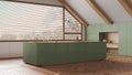 Attic interior design, minimal wooden kitchen with sloping ceiling and panoramic window in white and green tones. Island and Royalty Free Stock Photo