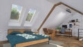 Attic interior with double bed and home studio 3D Royalty Free Stock Photo