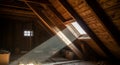 Attic Interior with Light Rays Streaming Through Window and Wooden Beams Warm Light Abandoned Dusty Empty Construction Royalty Free Stock Photo