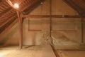 Attic loft insulation. Old loft. renovation and thermal insulation with mineral rock wool.