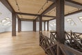 Attic loft open space empty interior with beams, windows, stairway, wooden floor.