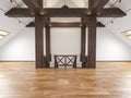 Attic loft open space empty interior with beams, windows, stairway, wooden floor.