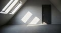 Attic Room Interior with Skylights and Brick Wall with Sunbeam Shadows space empty Royalty Free Stock Photo