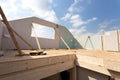 Attic room under construction with gypsum plaster boards. Roofing Construction Indoor. Wooden Roof Frame House Construction Royalty Free Stock Photo
