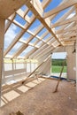 Attic room under construction with gypsum plaster boards. Roofing Construction Indoor. Wooden Roof Frame House Construction Royalty Free Stock Photo