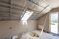 Attic room under construction with gypsum plaster boards and windows.