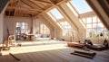 Attic Renovation Project - Bright Interior with Exposed Wooden Beams Royalty Free Stock Photo