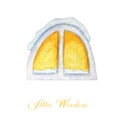 Attic window painted in watercolor. Watercolor illustration of Christmas winter luminous windows isolated on white Royalty Free Stock Photo