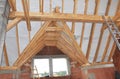 Attic window and roofing trusses construction with woden beams and waterproofing membrane