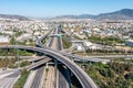 Attiki Odos toll road interchange and National highway in Attica, Athens, Greece. Aerial drone view Royalty Free Stock Photo