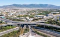 Attiki Odos toll road interchange and National highway in Attica, Athens, Greece. Aerial drone view Royalty Free Stock Photo