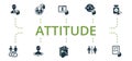 Attitude icon set. Contains editable icons theme such as online psychologist, antidepressants, domestic violence and