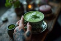 attooed hand Frame a Cup of Antioxidant-Rich Matcha Latte, Creating a Modern Witch& x27;s Tale of Style and Health