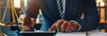 An attorney with a business-like demeanor, using a digital tablet to annotate digital contract documents