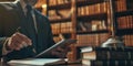 An attorney with a business-like demeanor, using a digital tablet to annotate digital contract documents