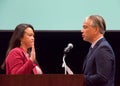 Attorney General Rob Bonta administering the oath of office to Oakland Mayor Sheng Thao